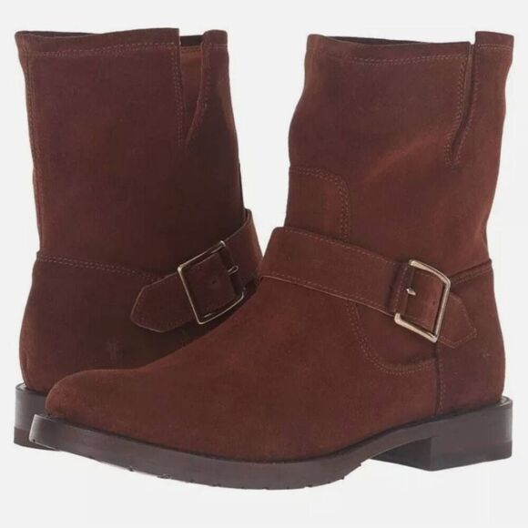 Frye Natalie Side Buckle Suede Engineer Short Boots Chestnut Brown size 6.5 - Picture 1 of 6